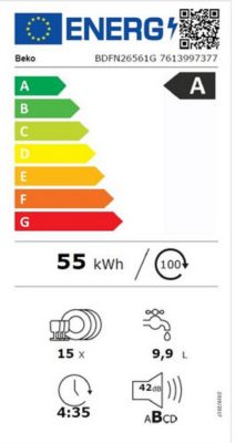 Beko BDFN26561G : Lave‑vaisselle silencieux, éco‑énergétique pour 15 couverts.