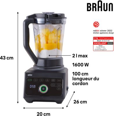 Blender Braun JB9040 : puissance 1 600 W pour smoothies, soupes et plus encore!